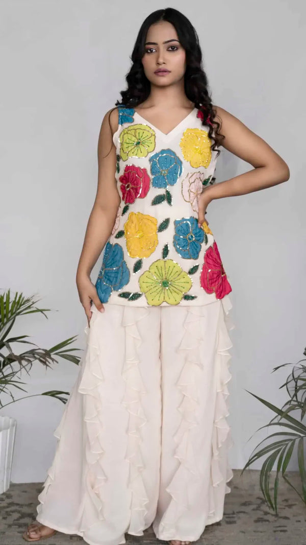 Applique Sleeveless Kurta with Ruffled Palazzo